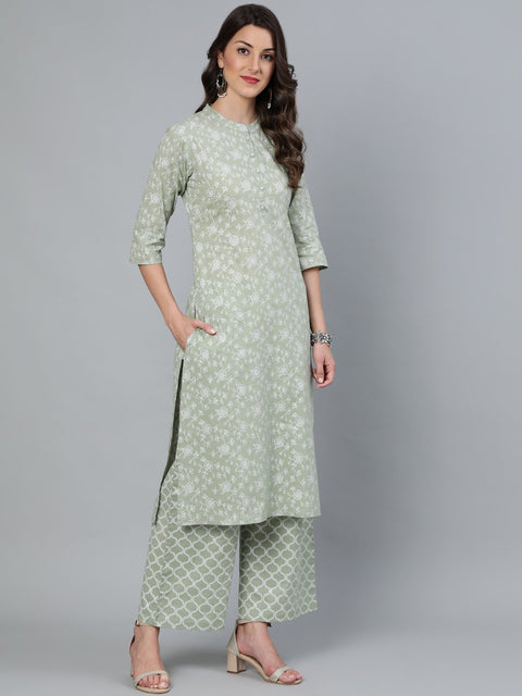 Women Sage Green & Silver Floral Printed Straight Kurta With Plazo & Dupatta