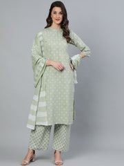Women Sage Green & Silver Printed Straight Kurta With Plazo & Dupatta