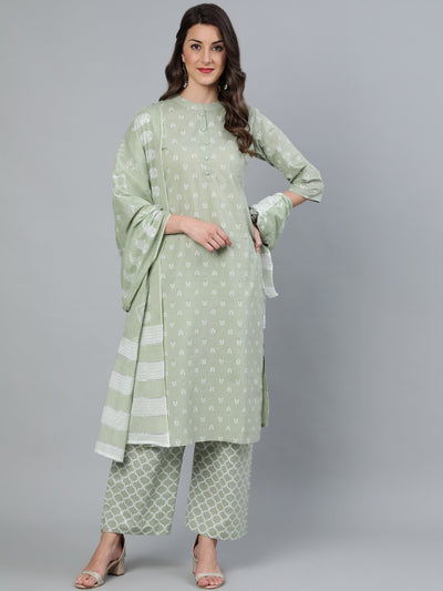 Women Sage Green & Silver Printed Straight Kurta With Plazo & Dupatta