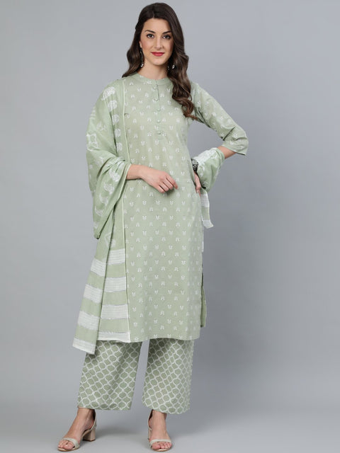 Women Sage Green & Silver Printed Straight Kurta With Plazo & Dupatta