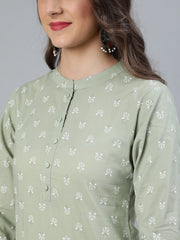 Women Sage Green & Silver Printed Straight Kurta With Plazo & Dupatta
