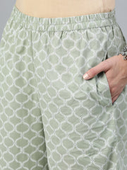 Women Sage Green & Silver Printed Straight Kurta With Plazo & Dupatta