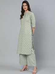 Women Sage Green & Silver Printed Straight Kurta With Plazo & Dupatta