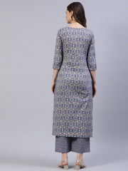 Women Grey Printed Straight Kurta With Plazo