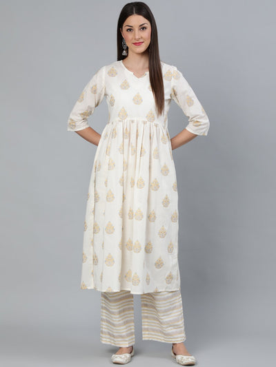 Women Cream & Gold Printed Gathered  Kurta With Plazzo