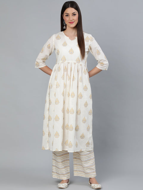 Women Cream & Gold Printed Gathered  Kurta With Plazzo