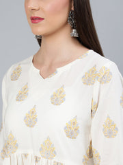 Women Cream & Gold Printed Gathered  Kurta With Plazzo