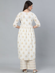 Women Cream & Gold Printed Gathered  Kurta With Plazzo