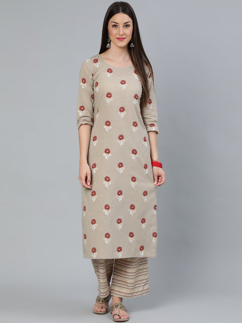 Women Beige & Maroon Printed Straight  Kurta With Plazzo