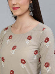 Women Beige & Maroon Printed Straight  Kurta With Plazzo