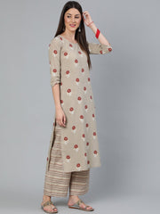 Women Beige & Maroon Printed Straight  Kurta With Plazzo