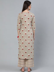 Women Beige & Maroon Printed Straight  Kurta With Plazzo