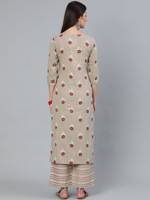 Women Beige & Maroon Printed Straight  Kurta With Plazzo