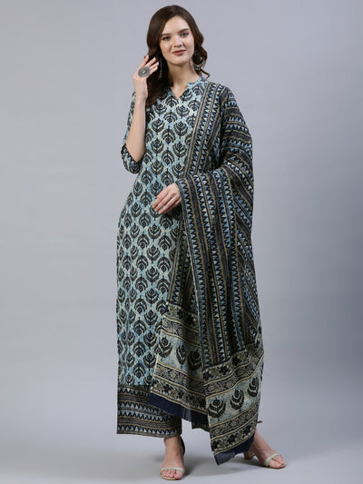 Women Blue Printed Straight Kurta With Palazo & Dupatta