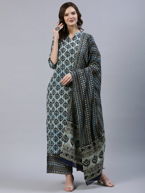 Women Blue Printed Straight Kurta With Palazo & Dupatta