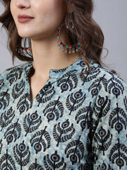 Women Blue Printed Straight Kurta With Palazo & Dupatta