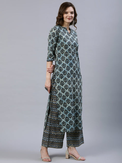 Women Blue Printed Straight Kurta With Palazo & Dupatta