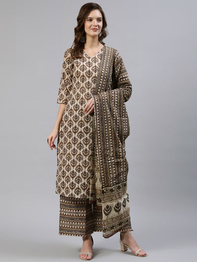 Women Brown Printed Straight Kurta With Palazo & Dupatta