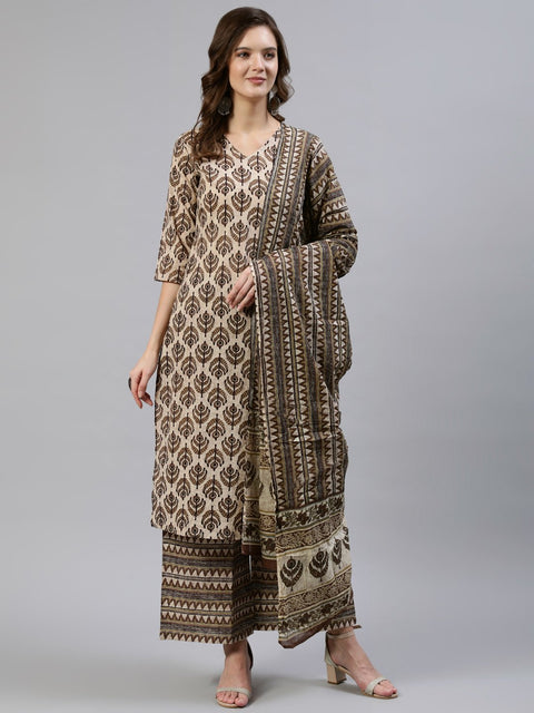 Women Brown Printed Straight Kurta With Palazo & Dupatta