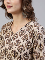 Women Brown Printed Straight Kurta With Palazo & Dupatta