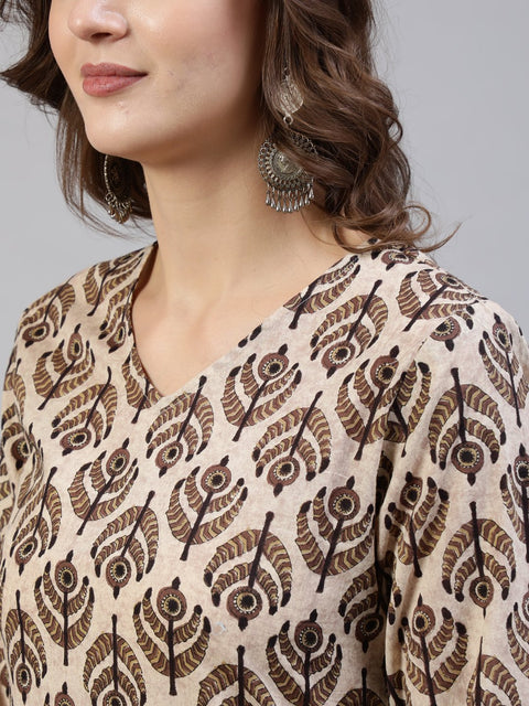 Women Brown Printed Straight Kurta With Palazo & Dupatta