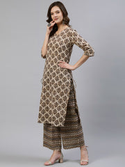 Women Brown Printed Straight Kurta With Palazo & Dupatta