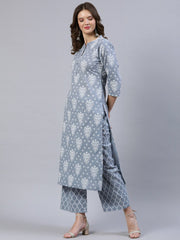 Women Grey & Off-White Printed Straight Kurta With Palazo