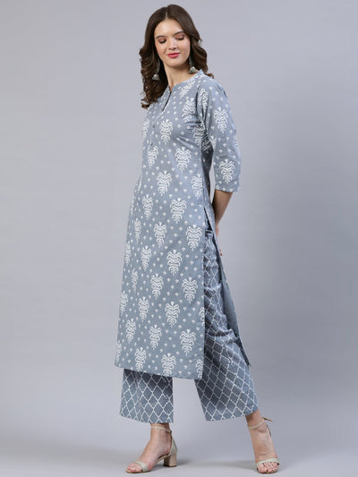 Women Grey & Off-White Printed Straight Kurta With Palazo