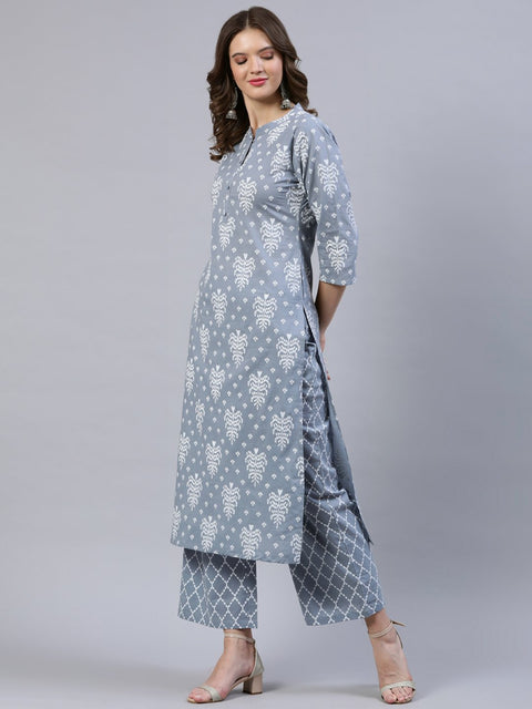 Women Grey & Off-White Printed Straight Kurta With Palazo