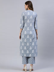 Women Grey & Off-White Printed Straight Kurta With Palazo