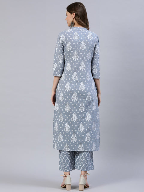 Women Grey & Off-White Printed Straight Kurta With Palazo