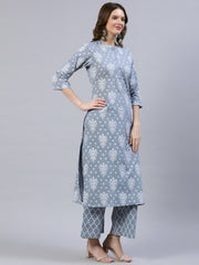 Women Grey & Off-White Printed Straight Kurta With Palazo