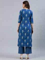 Women Teal Blue Printed Straight Kurta With Palazo