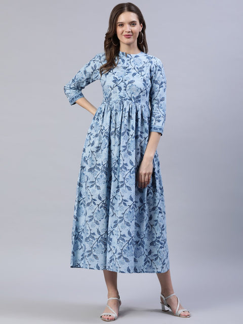 Women Blue Floral Printed Dress With Three Quarter Sleeves