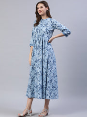 Women Blue Floral Printed Dress With Three Quarter Sleeves