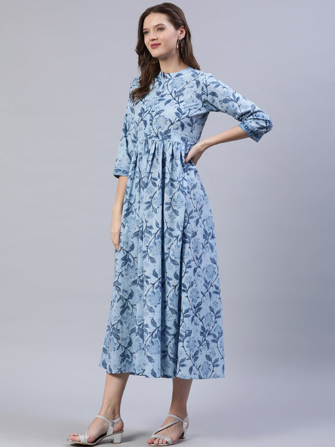 Women Blue Floral Printed Dress With Three Quarter Sleeves