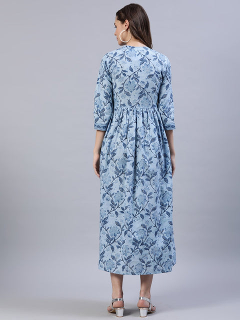 Women Blue Floral Printed Dress With Three Quarter Sleeves