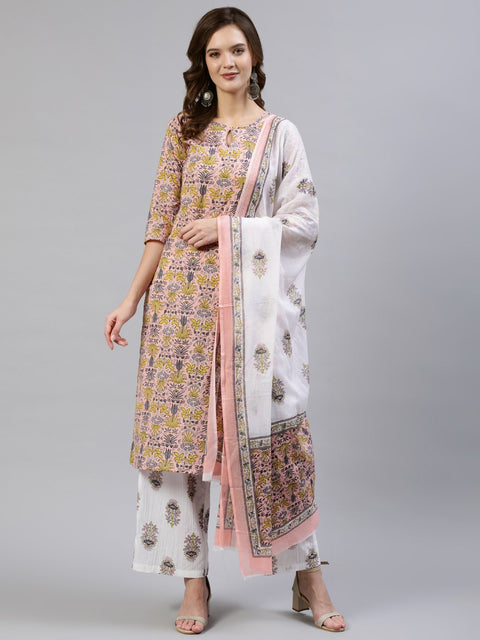 Women Peach Floral Printed Flared Kurta With Trouser & Dupatta