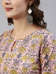 Women Peach Floral Printed Flared Kurta With Trouser & Dupatta