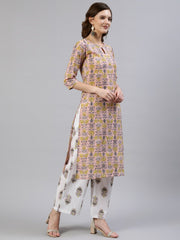 Women Peach Floral Printed Flared Kurta With Trouser & Dupatta