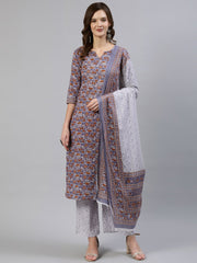 Women Grey Floral Printed Straight Kurta With Palazo & Dupatta