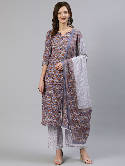 Women Grey Floral Printed Straight Kurta With Palazo & Dupatta