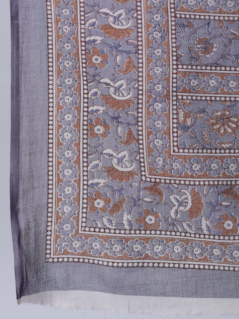 Women Grey Floral Printed Straight Kurta With Palazo & Dupatta