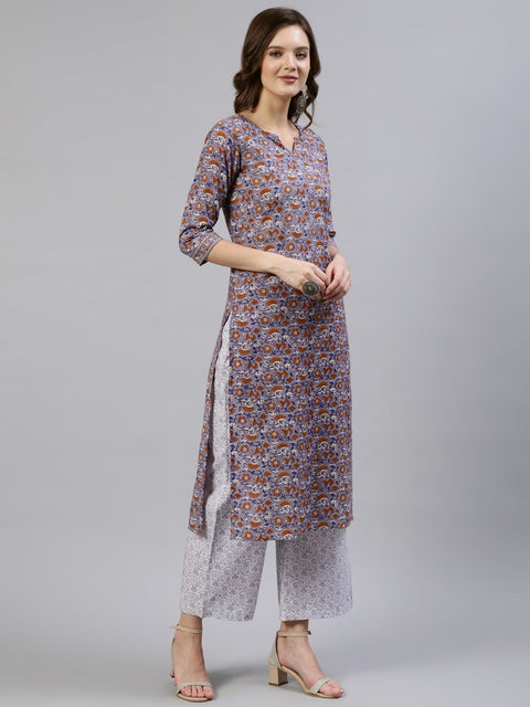 Women Grey Floral Printed Straight Kurta With Palazo & Dupatta