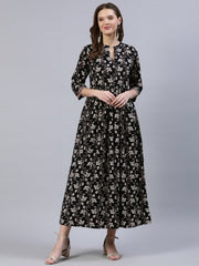 Women Black Floral Printed Dress With Three Quarter Sleeves