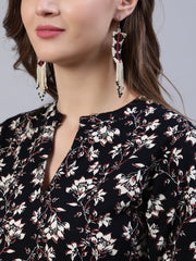 Women Black Floral Printed Dress With Three Quarter Sleeves
