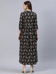 Women Black Floral Printed Dress With Three Quarter Sleeves