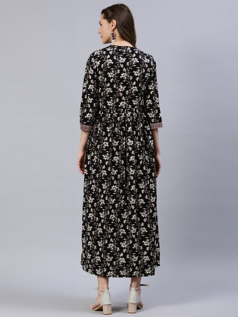 Women Black Floral Printed Dress With Three Quarter Sleeves