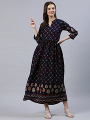 Women Navy Blue Printed Dress With Three Quarter Sleeves