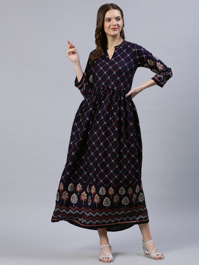 Women Navy Blue Printed Dress With Three Quarter Sleeves